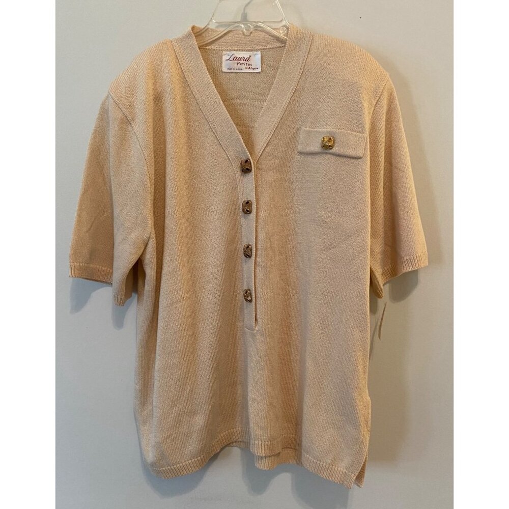 Vintage Laura by Alyzia Skirt Set Beige Short Sleeve Top Buttons Knit 14 Petite - Picture 2 of 16